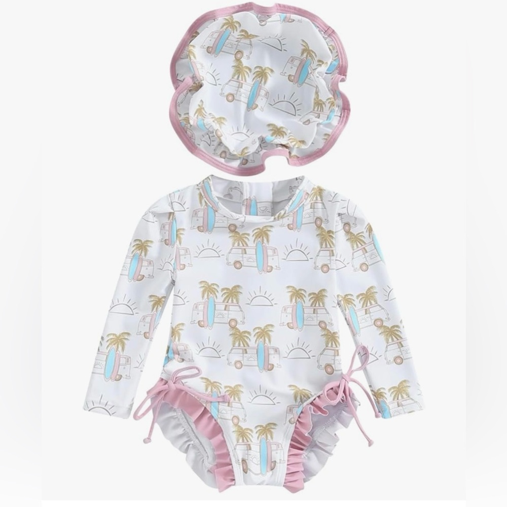 Baby Girls Long Sleeve Swimsuit with Sun Hat - Palm & Surf Print, Pink Trim 3-6m